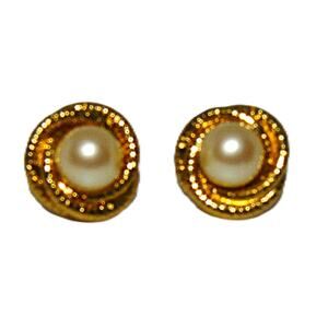 Monet Vintage Twisted Gold-Tone Faux Pearl Pierced Stud Earrings 0.7" Signed